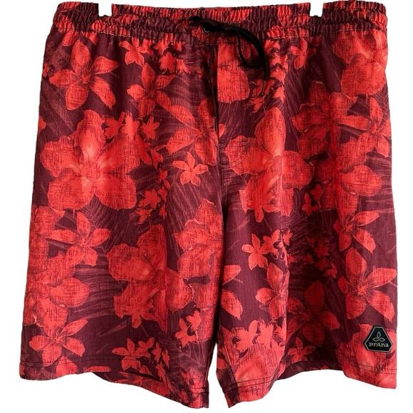 Prana Swim Trunks Drawsting Floral Tropical Print Elastic Waist Mesh Red M - Picture 1 of 4